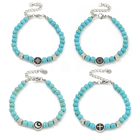 304 Stainless Steel & Synthetic Turquoise Round Beaded Bracelets for Women BJEW-G717-09-1