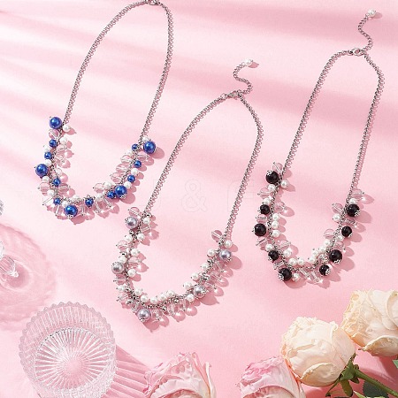3Pcs 3 Colors Round Glass Beaded Bib 304 Stainless Steel Rolo Chain Necklaces NJEW-JN05359-1