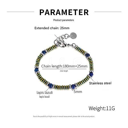 Round Natural Lapis Lazuli and 304 Stianless Steel Beaded Bracelets for Men Women EV7041-1-1