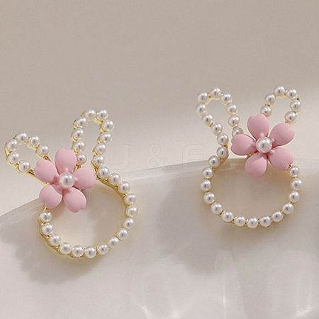 Alloy Imitation Pearl Plastic Rabbit & Flower Stud Earrings for Women WGC2AFB-02-1