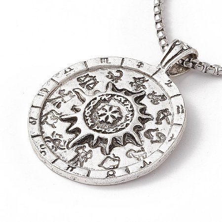 Sun with 12 Constellations Alloy Pendant Necklace with 304 Stainless Steel Box Chains NJEW-C007-11AS-1