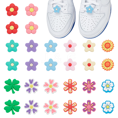 WADORN 28Pcs 14 Styles Flower/Clover PVC Plastic Shoelace Charms FIND-WR0011-32-1