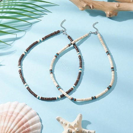 2Pcs 2 Colors Natural Coconut & Natural Magnesite Heishi Beaded Necklaces NJEW-JN05308-1