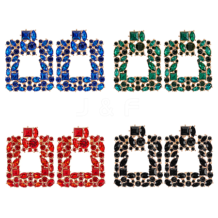 ANATTASOUL 4 Pairs 4 Colors Rhinestone Hollow Square Dangle Stud Earrings EJEW-AN0004-37-1