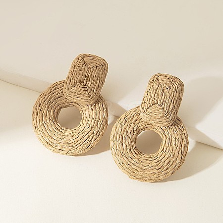 Rectangle with Flat Round Alloy Raffia Dangle Stud Earrings FS-WGEAAFD-06-1