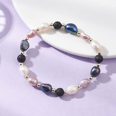Natural Cultured Freshwater Pearl & Lava Rock Beads Stretch Bracelets for Women BJEW-JB12867-1