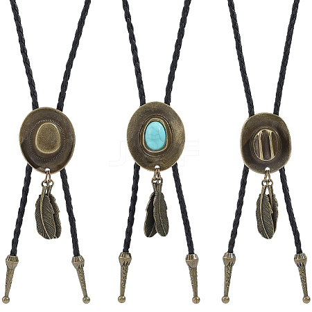 3Pcs 3 Styles Black PU Imitation Leather Alloy Pave Synthetic Turquoise Feather Cowboy Hat Polo Tie Lariat Necklaces for Men NJEW-GF0001-17-1