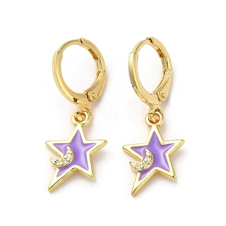 Star & Moon Real 18K Gold Plated Brass Dangle Leverback Earrings EJEW-L268-032G-01-1