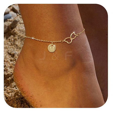 Brass Double Heart Link Flat Round Initial Charm Anklets for Women FS-WGA84B7-16-1