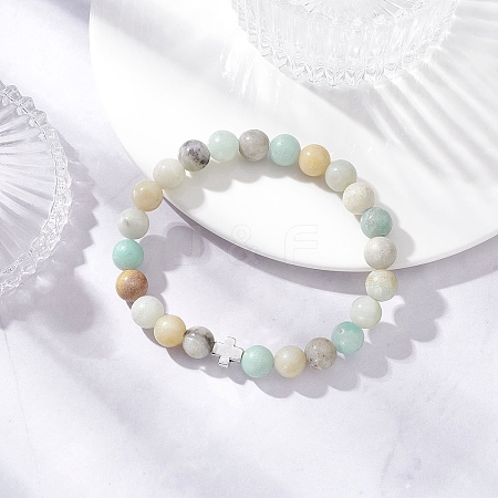 Natural Flower Amazonite Round Beads Bracelets BJEW-JB12434-1