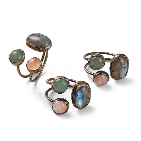 Oval & Round Natural Labradorite & Rose Quartz & Green Aventurine Open Cuff Rings RJEW-A041-01R-1