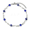 304 Stainless Steel & Glass & Blue Evil Eye Lampwork & Shell Pearl Link Chain Anklets AJEW-AN00812-3