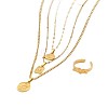 Oval/Flat Round/Rectangle with Rose Pattern 304 Stainless Steel Pendant Necklaces & Ginkgo Leaf Cuff Ring Sets FS-WGBCCD7-01-5