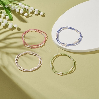 2Pcs 2 Style Natural Pearl & Glass Seed Beaded Stretch Bracelets Set BJEW-JB09032-1