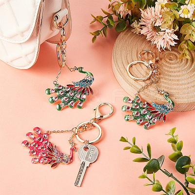 2Pcs 2 Colors Peacock Enamel Style Alloy Rhinestone Keychains KEYC-OC0001-37-1