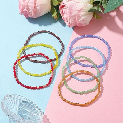 7Pcs 7 Styles Faceted Frosted Glass Beaded Stretch Bracelets for Women BJEW-JB10187-1