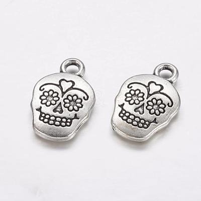 Mexico Holiday Day of the Dead Sugar Skull Tibetan Style Alloy Metal Pendants X-TIBEP-21061-AS-FF-1