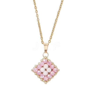 Natural Rainbow Moonstone and Handmade Glass Beaded Rhombus Pendant 304 Stainless Steel Cable Chain Necklaces NJEW-MZ00124-01-1