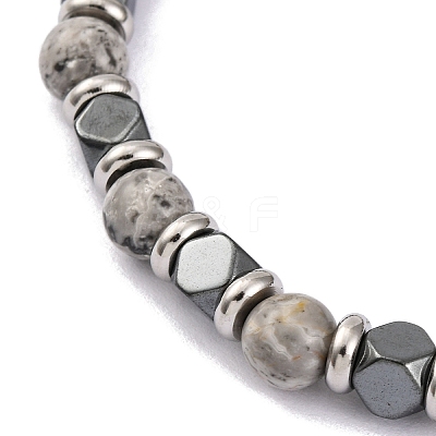 Natural Map Stone & Synthetic Hematite Round Beaded Bracelet BJEW-P339-02P-02-1