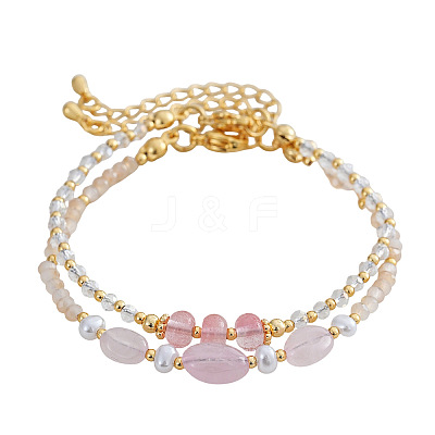 2Pcs Natural Rose Quartz & Glass & Imitation Pearl & Brass Beaded Bracelets for Women JV0360-3-1