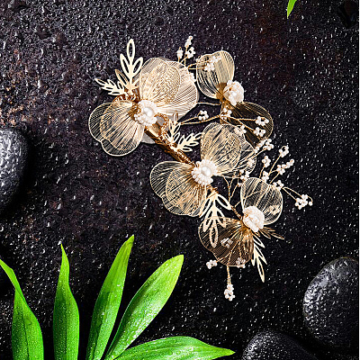 Alloy with Plastic Pearl Flower Alligator Hair Clips OHAR-WH20010-05G-1