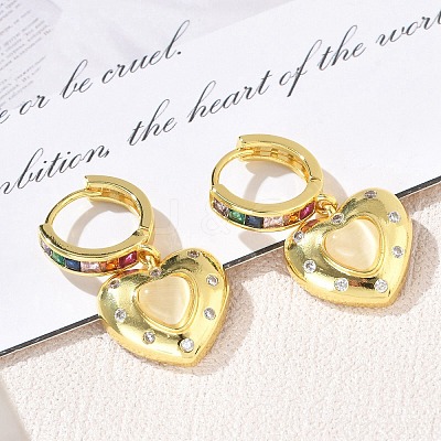 Brass Micro Pave Cubic Zirconia and Cat Eye Beads Heart Hoop Dangle Earrings KK-CBAD9DF-01G-1