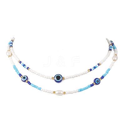 2Pcs 2 Styles Natural Pearl & Blue Resin Evil Eye & Glass Seed Beaded Necklaces for Women NJEW-MZ00152-1