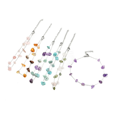 Natural Mixed Gemstone Chips Beaded Anklet with 304 Stainless Steel Chains for Women AJEW-Z008-01-1