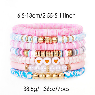 7Pcs Heart Pattern Polymer Clay & Plastic Pearl & CCB Plastic Beaded Stretch Bracelet Set for Women FS-WG634BB-03-1