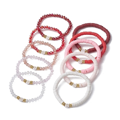10Pcs Polymer Clay Disc & Glass & Brass Beaded Stretch Bracelets Set BJEW-JB09676-02-1