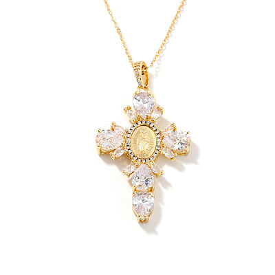 Brass Pave Cubic Zirconia Virgin Mary Cross Pendant Necklaces FU1040-3-1