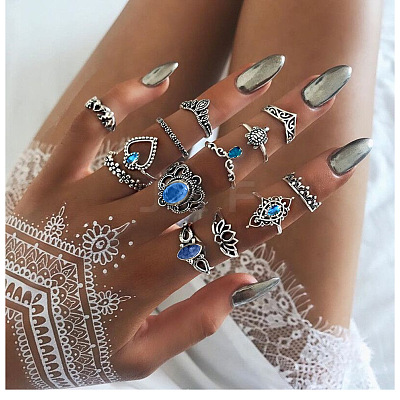 13Pcs Alloy with Synthetic Turquoise Finger Rings FS-WG21963-03-1