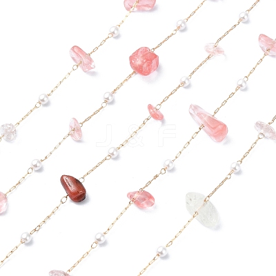 5M Natural Rose Quartz Nuggets & ABS Plastic Pearl Beaded Chains CHC-CJ0001-77-1
