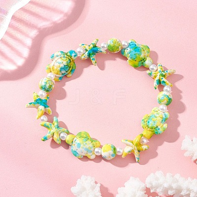 Dyed Synthetic Turquoise & Imitated Pearl Acrylic Beads Stretch Bracelets for Women BJEW-JB14047-1