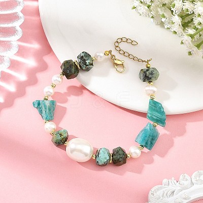 Raw Rough Natural Amazonite & African Turquoise(Jasper) & Pearl Beaded Bracelets BJEW-JB14442-1