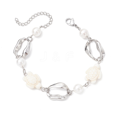 Synthetic Turquoise Tortoise & Shell Pearl & 304 Stainless Steel Oval Link Bracelets for Women BJEW-JB12173-01-1