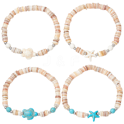 4Pcs 2 Styles Starfish & Tortoise Natural Freshwater Shell with Synthetic Turquoise Beads Stretch Bracelets for Men Women BJEW-PA0001-05-1