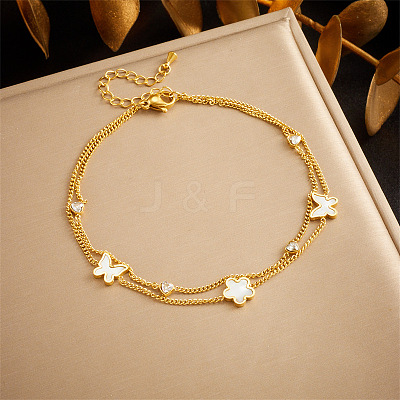 304 Stainless Steel Pave Natural Shell & Crystal Rhinestone Charm Double Layer Anklets for Women FS-WGA3011-05-1