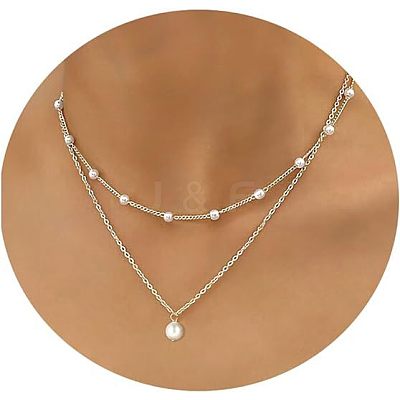 Simple Style Imitation Pearl Round Pendant Alloy Chain Double Layer Necklaces for Women FS-WG0DEC3-02-1
