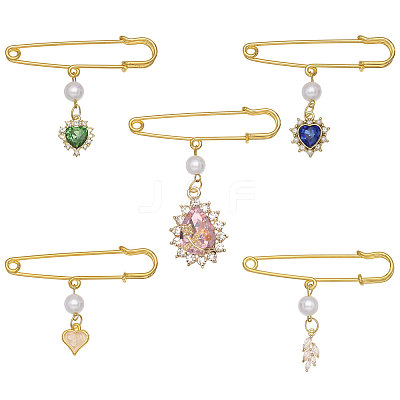 5Pcs Heart & Leaf Iron Safety Pins JEWB-CA00013-1