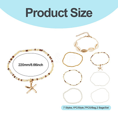 2 Bags Summer Beach Glass Seed Beaded & Natural Shell & Alloy Starfish Charm Anklet Sets AJEW-TA0003-69F-1