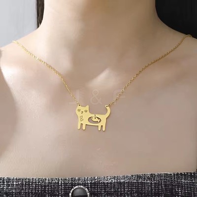 304 Stainless Steel Holow Cute Cat with Fish Pendant Necklaces for Women WGEC842-02-1