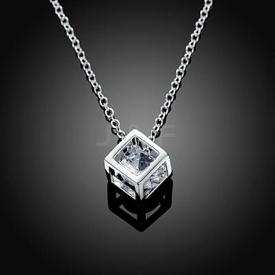 Silver Color Plated Brass Cubic Zirconia Cube Pendant Necklace NJEW-BB00455-1