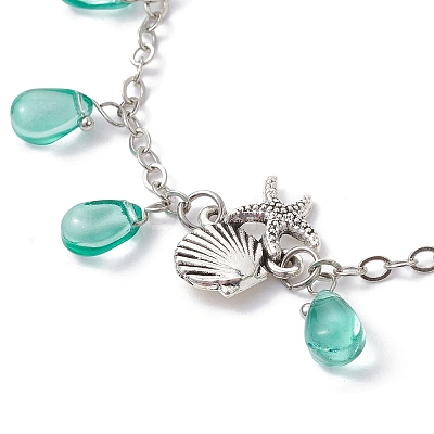 Alloy Starfish Scallop Shell Shape with Glass Teardrop Charm Bracelets BJEW-JB09983-02-1