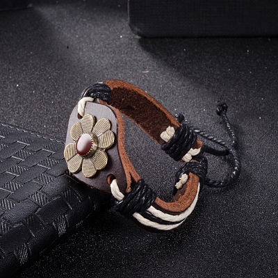 Adjustable Casual Unisex Flower Leather Bracelets BJEW-BB15621-1