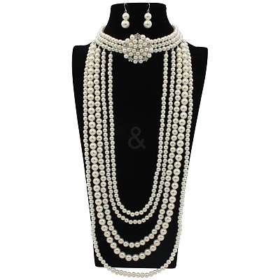 Flower Plastic Pearl Round Beaded Multilayer Necklaces & Dangle Earrings Sets FS-WG7C7AA-05-1