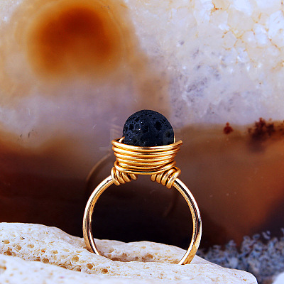 Iron Wire Wrapped Natural Lava Rock Round Beaded Cuff Rings WGDBE9A-08-1