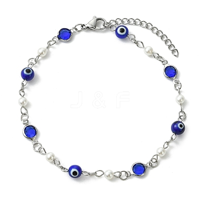 304 Stainless Steel & Glass & Blue Evil Eye Lampwork & Shell Pearl Link Chain Anklets AJEW-AN00812-1