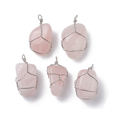 Natural Rose Quartz Copper Wire Wrapped Pendants G-C110-06A-P-1