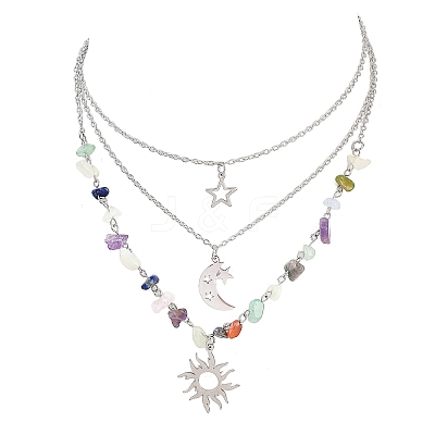 201 Stainless Steel Sun Moon Star Pendant Mixed Stone & 304 Stainless Steel Link Chain 3 Layer Necklaces for Women NJEW-JN05470-02-1